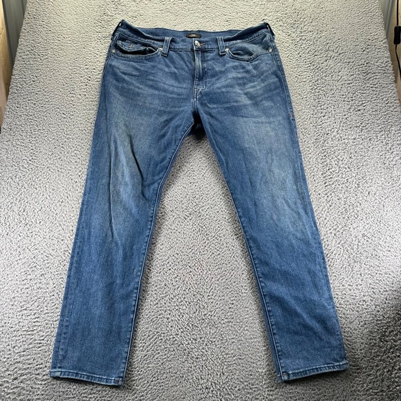 True Religion Jeans Men 40x34 Blue Dark Wash Cotton Stretch Rocco Relaxed Skinny - Picture 1 of 10